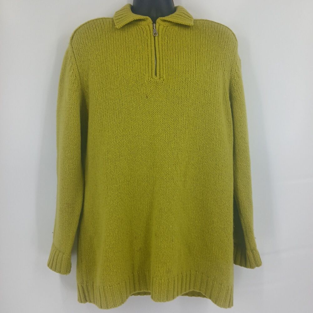 Vintage Moda Int'l Mens Wool Sweater Chartreuse Green Knit Tunic Zip Polo L